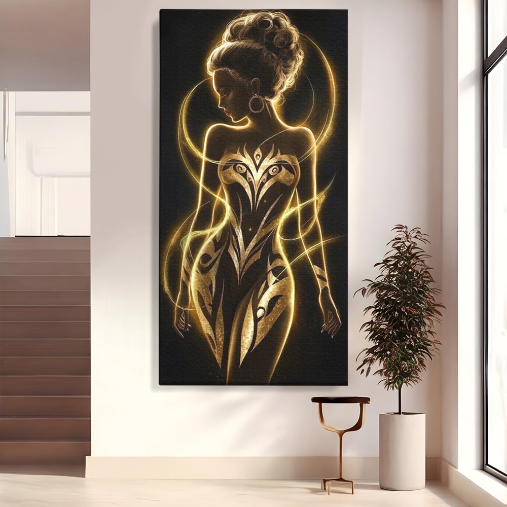 Tablou canvas cu tablou canvas cu silueta feminina aurie, fara rama, pe sasiu de lemn